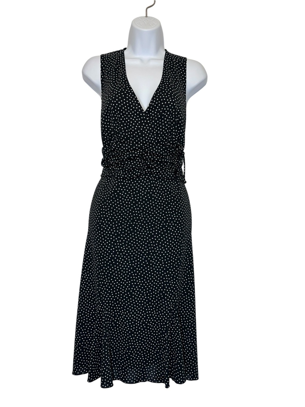 Connected Apparel Black White Polka Dot Faux Wrap Ruched Classic Midi Dress